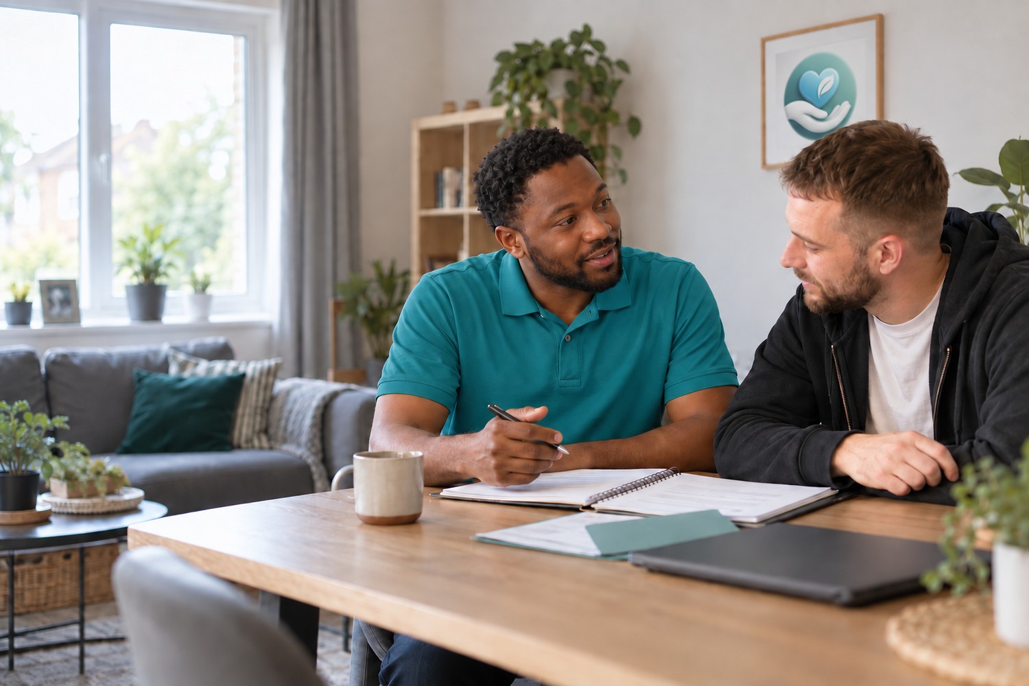 A support worker in a teal polo talking with an adult about independent living at home