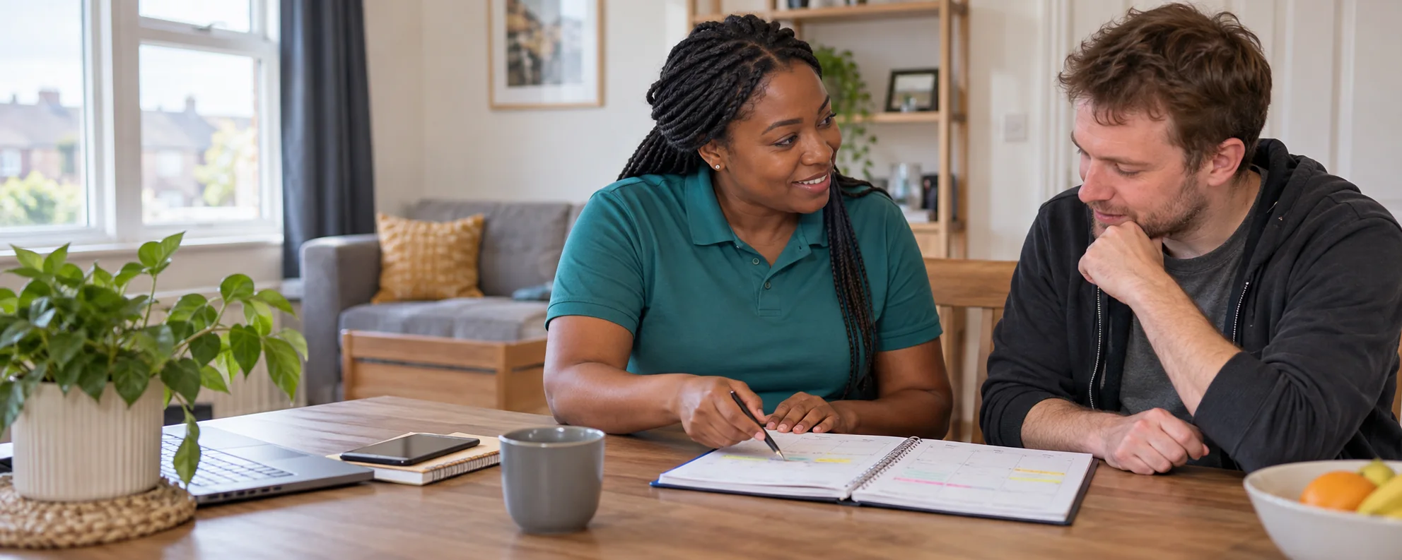 A support worker and an adult reviewing a weekly plan together at home