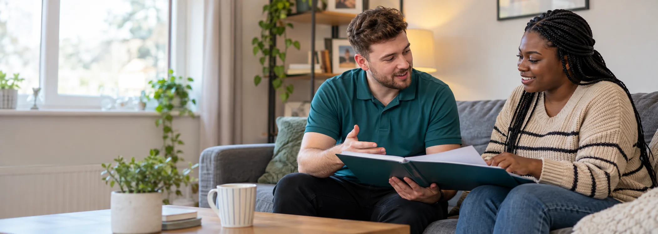 A support worker and an adult discussing goals in their home