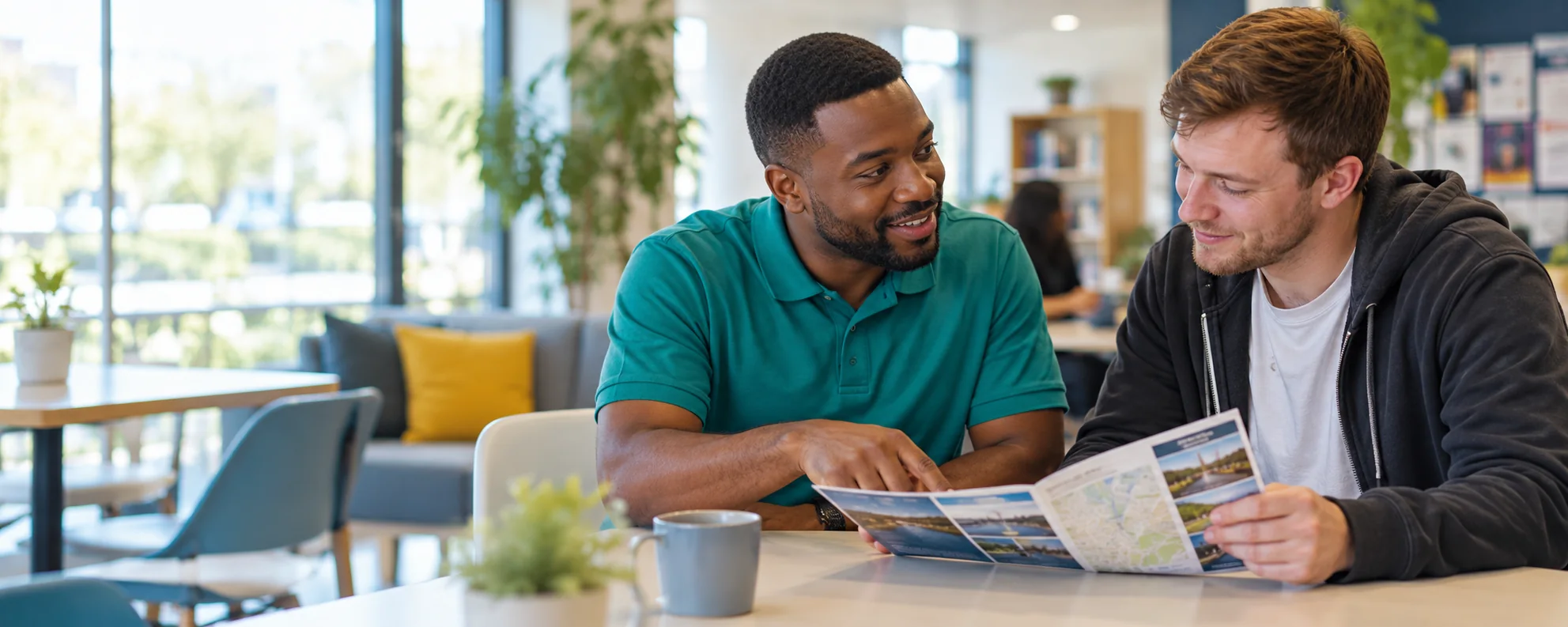 A support worker and an adult reviewing local community information