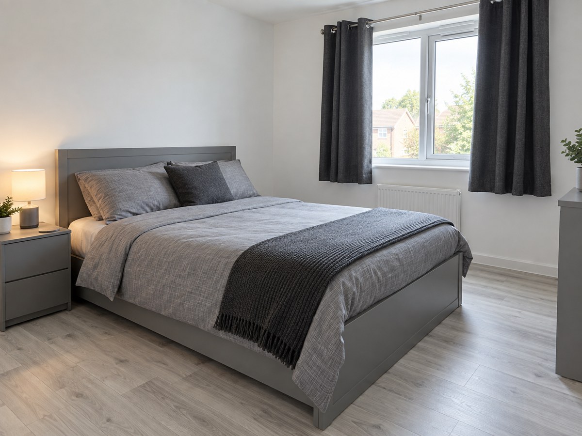 Example interior concept of a Whitehall House bedroom with a grey bed, grey bedding and charcoal curtains.