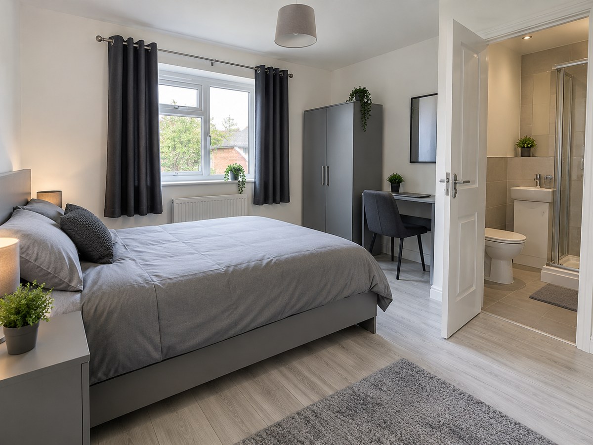 Example interior concept of a Whitehall House bedroom with a private en-suite bathroom.