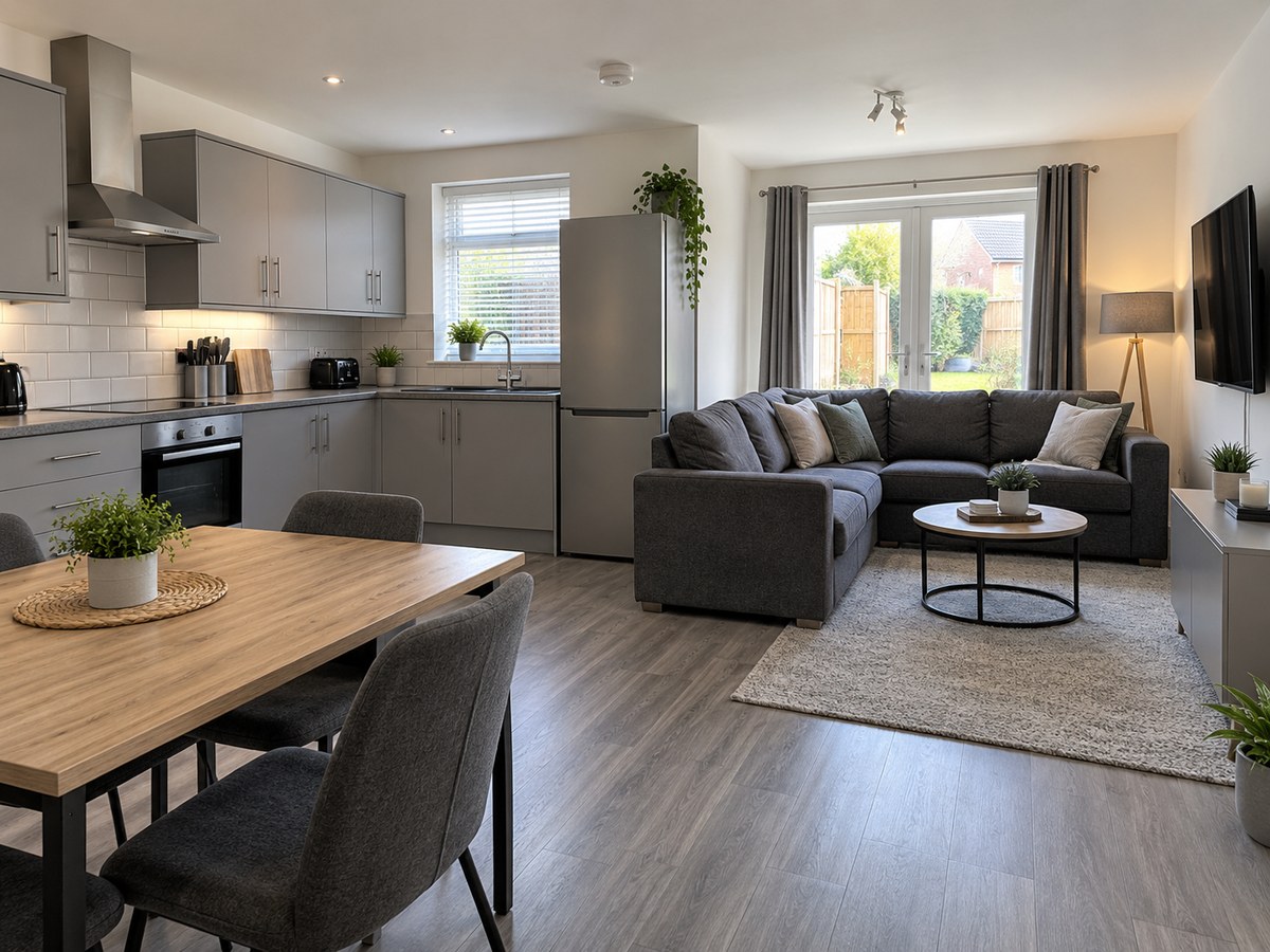 Example interior concept of the open-plan Whitehall House kitchen and lounge with grey units, corner sofa and wall-mounted television.