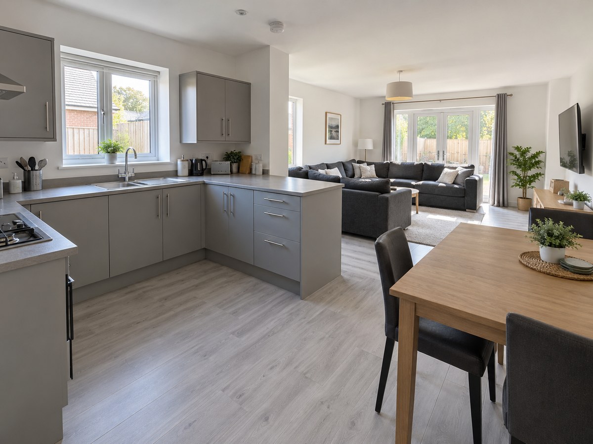 A second example interior concept of the open-plan Whitehall House kitchen and lounge.